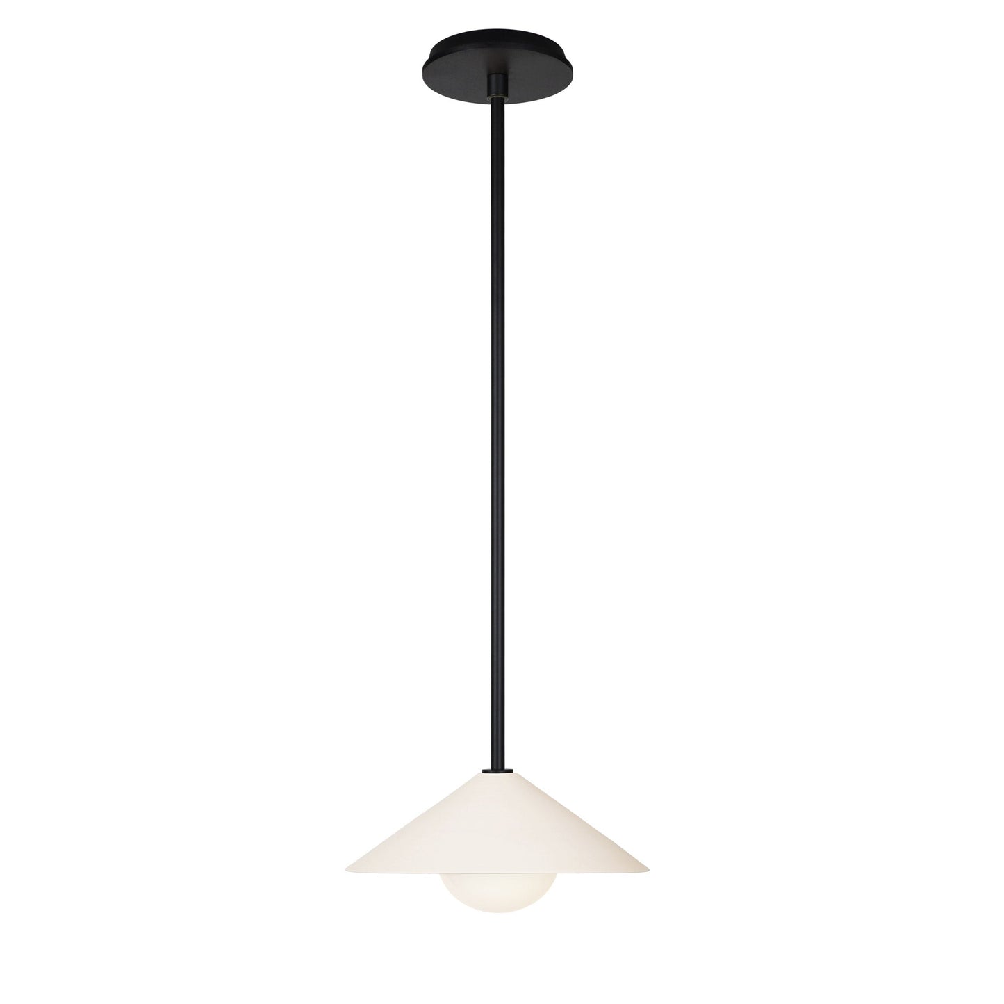 Elvia Pendant shown in Matte Black and a Black Stained Wood canopy