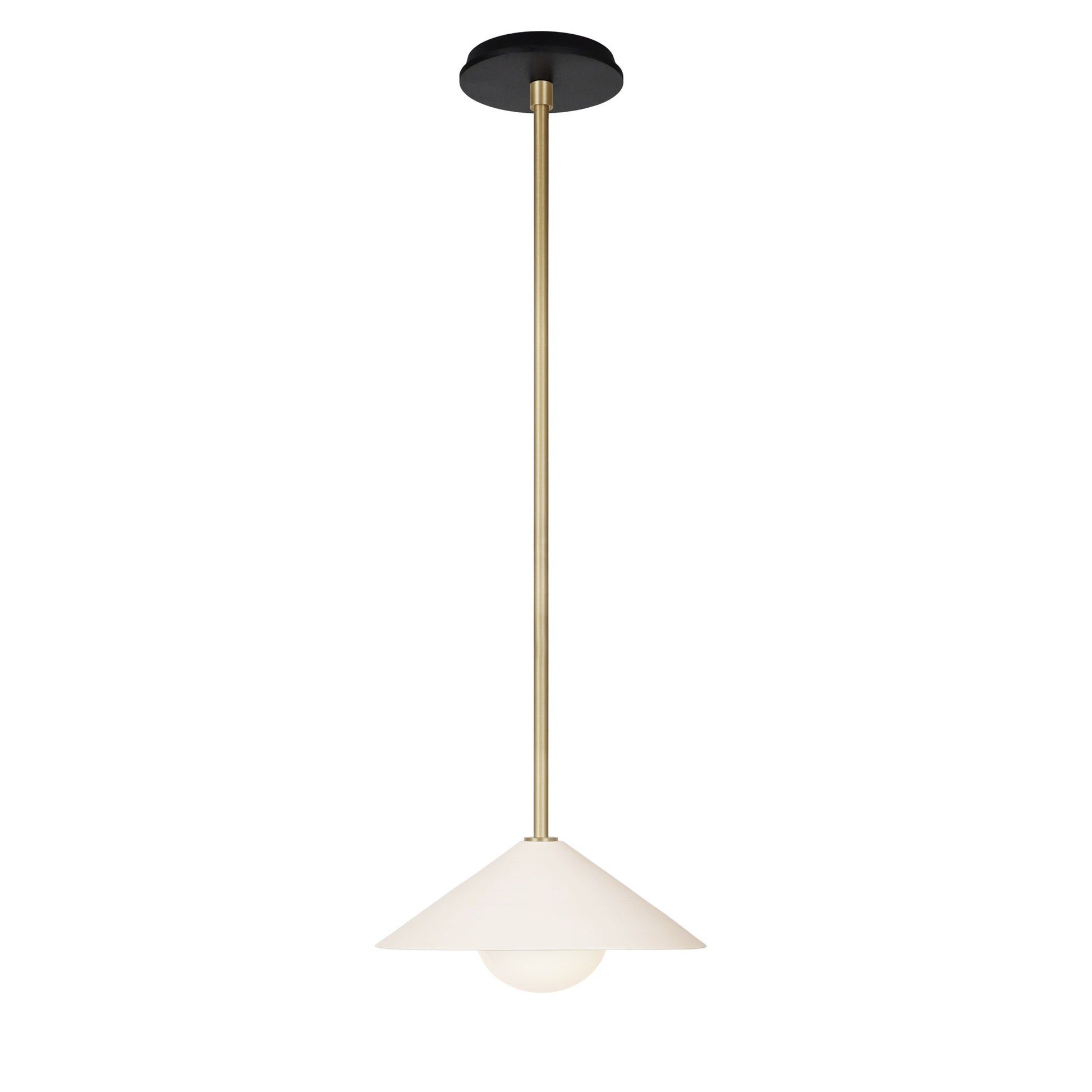 Elvia Pendant shown in Brass with a Black Stained Wood canopy