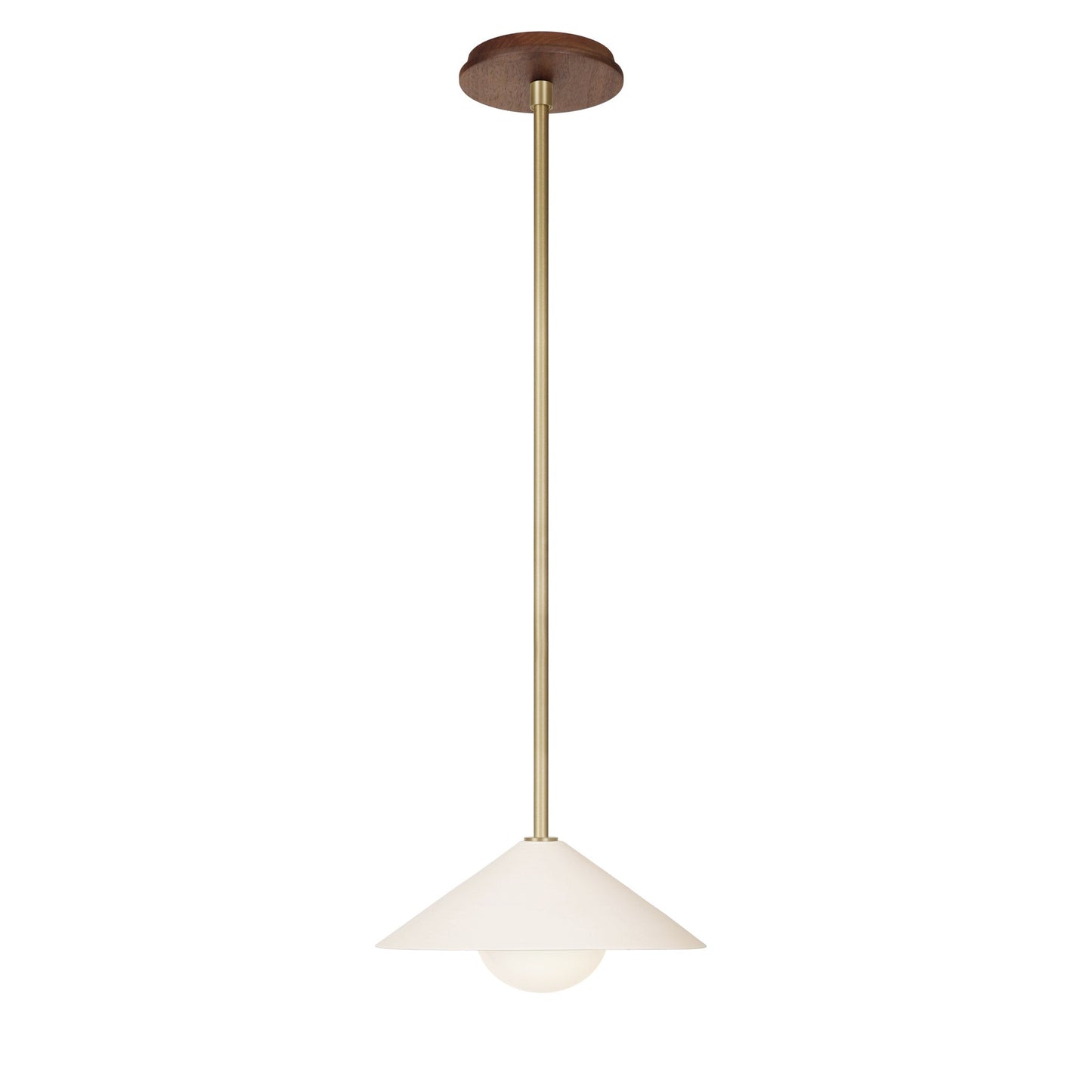 Elvia Pendant shown in Brass with a Walnut Wood canopy