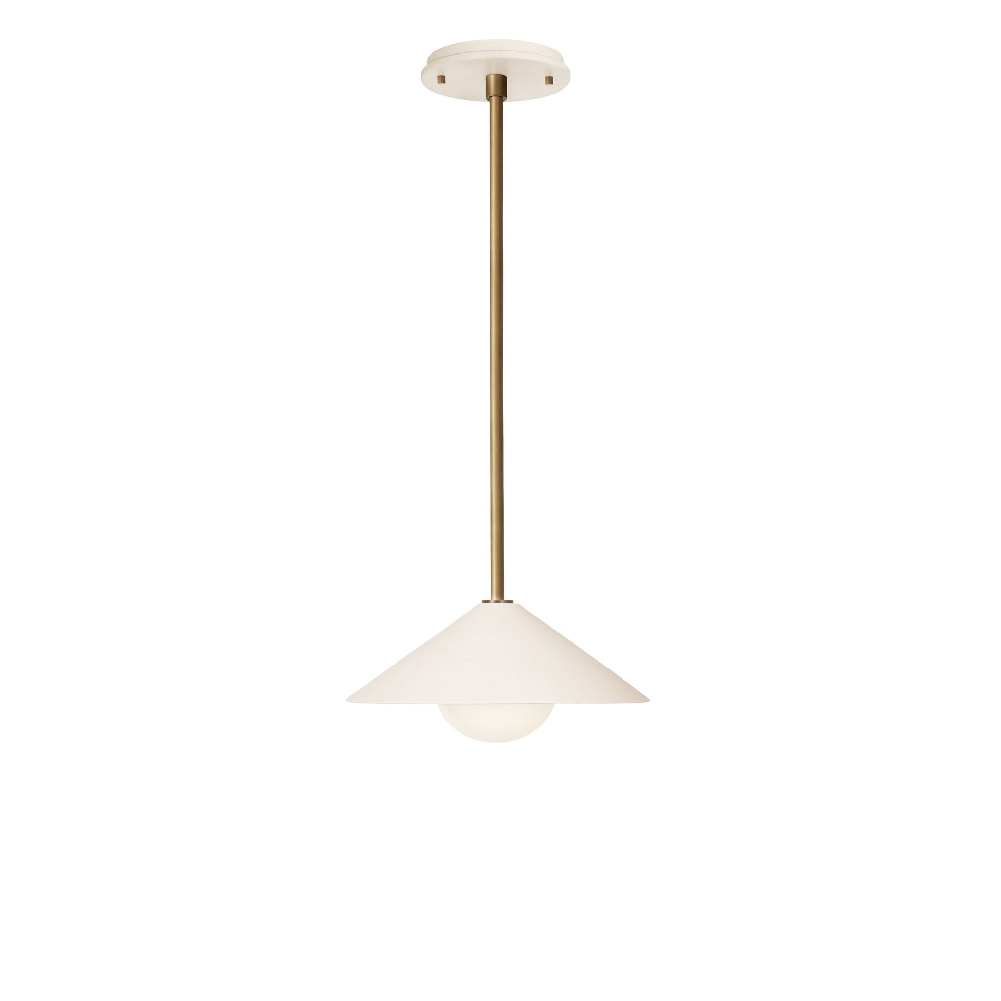 Elvia Pendant shown in Heirloom Brass with a Bone Ceramic canopy