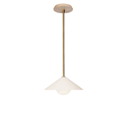 Elvia Pendant shown in Heirloom Brass with a Maple Wood canopy