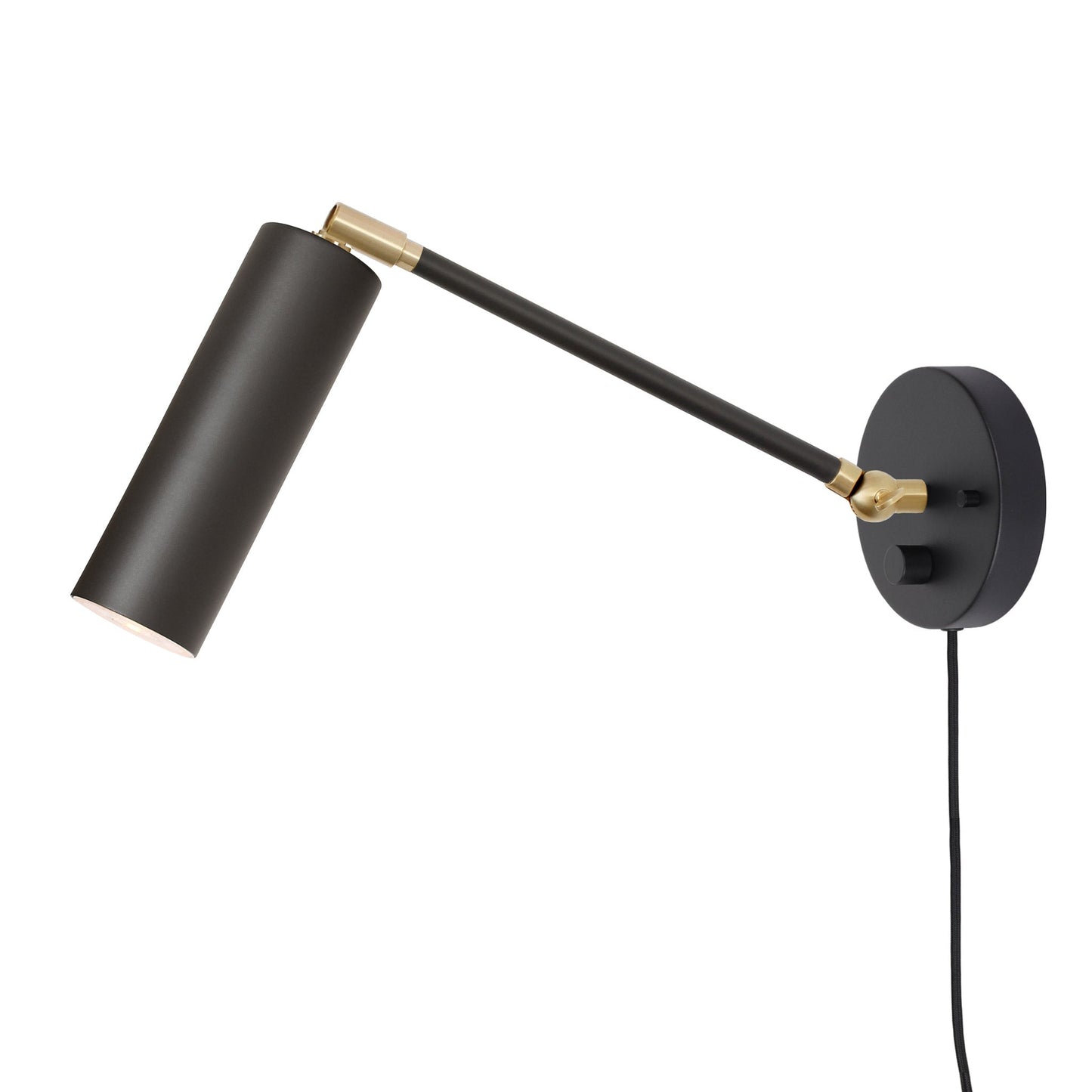 Fjord Spot Single Articulated shown in Matte Black and Brass with a Backplate Dimmer Switch and Black Cord