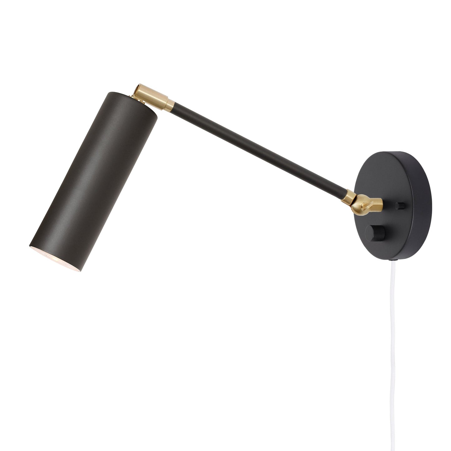Fjord Spot Single Articulated shown in Matte Black and Brass with a Backplate Dimmer Switch and White Cord