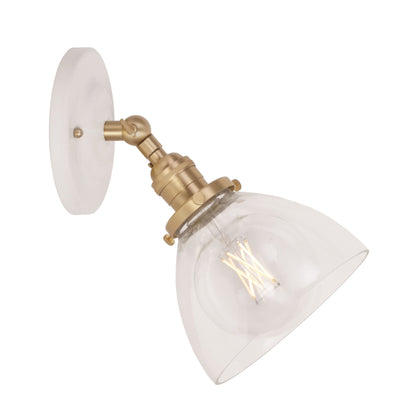 Grace Flush Sconce shown in Brass with a Gloss White Ceramic canopy and Clear Glass shade