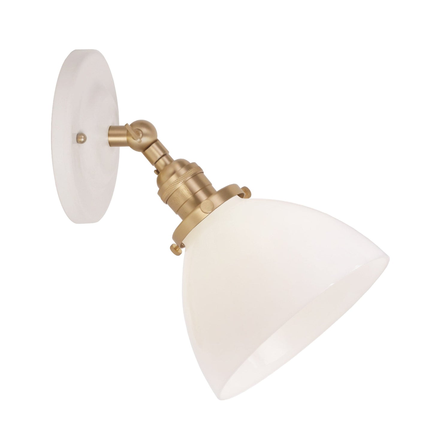 Grace Flush Sconce shown in Brass with a Gloss White Ceramic canopy and Opal Glass shade