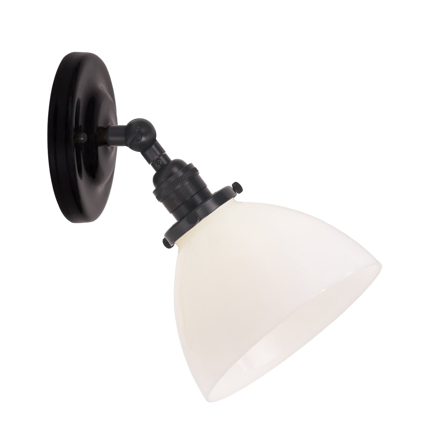 Grace Flush Sconce shown in Graphite Patina with a Gloss Black Ceramic canopy and Opal Glass shade