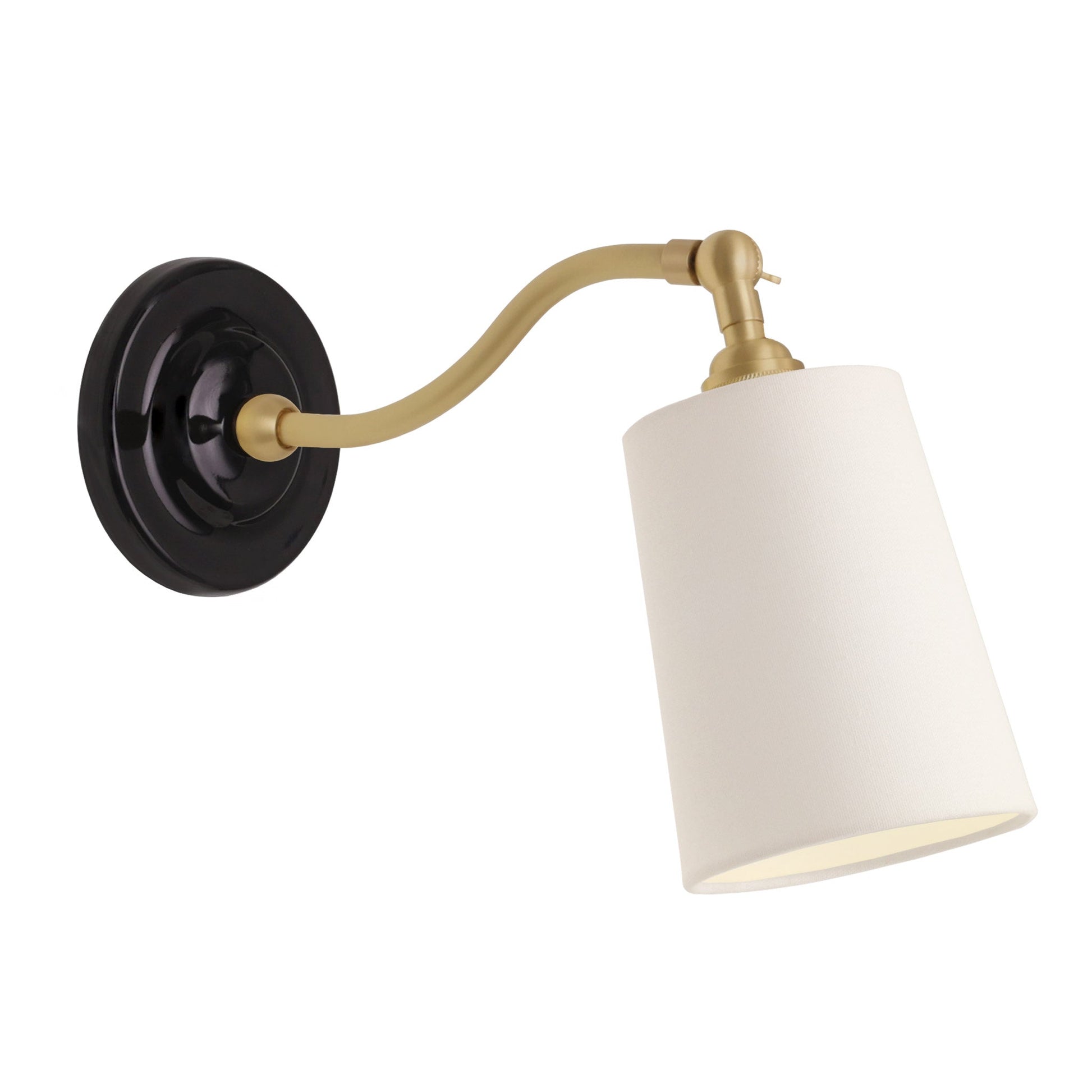 Grace Linen Sconce shown in Brass with a Gloss Black Ceramic canopy