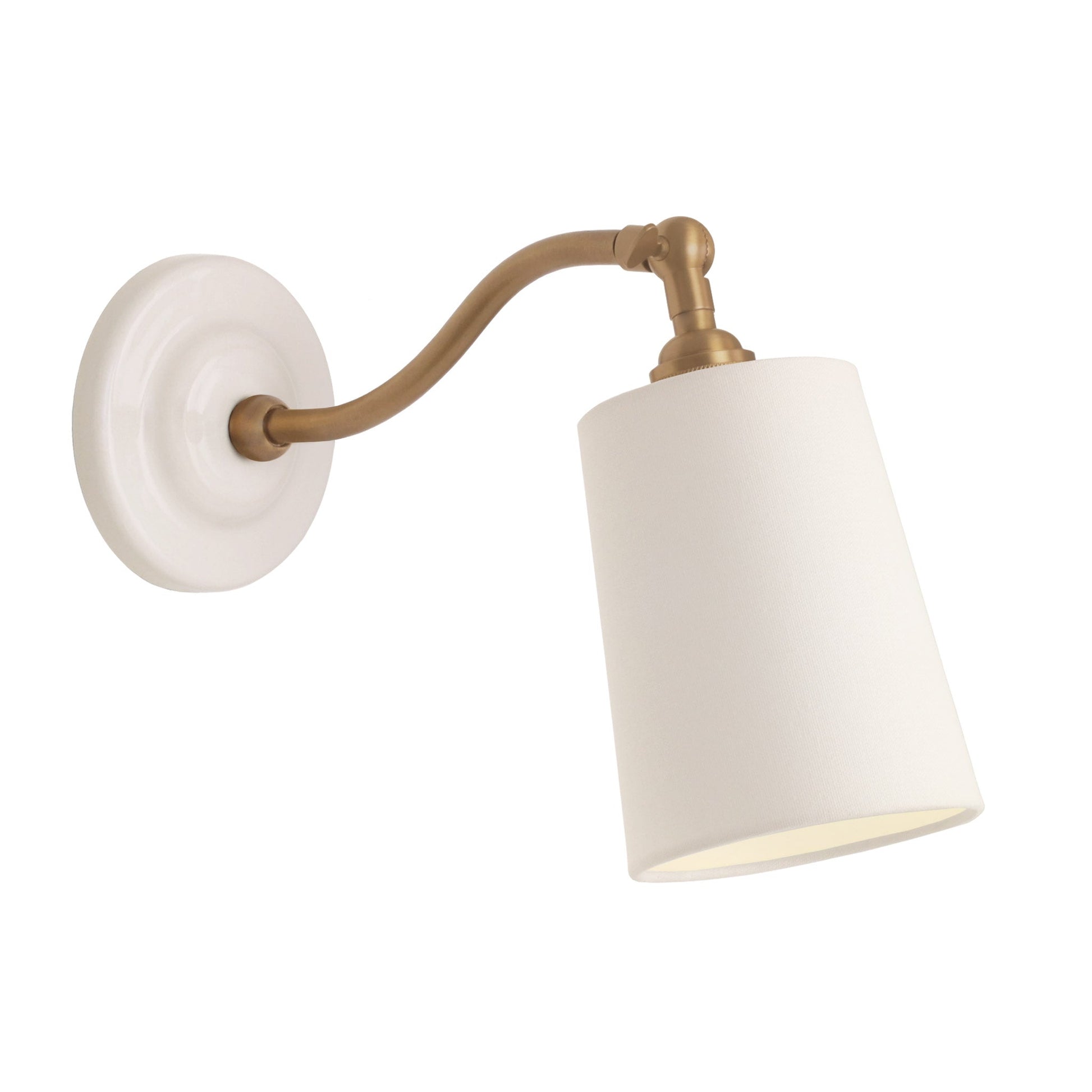 Grace Linen Sconce shown in Heirloom Brass with a Gloss White Ceramic canopy