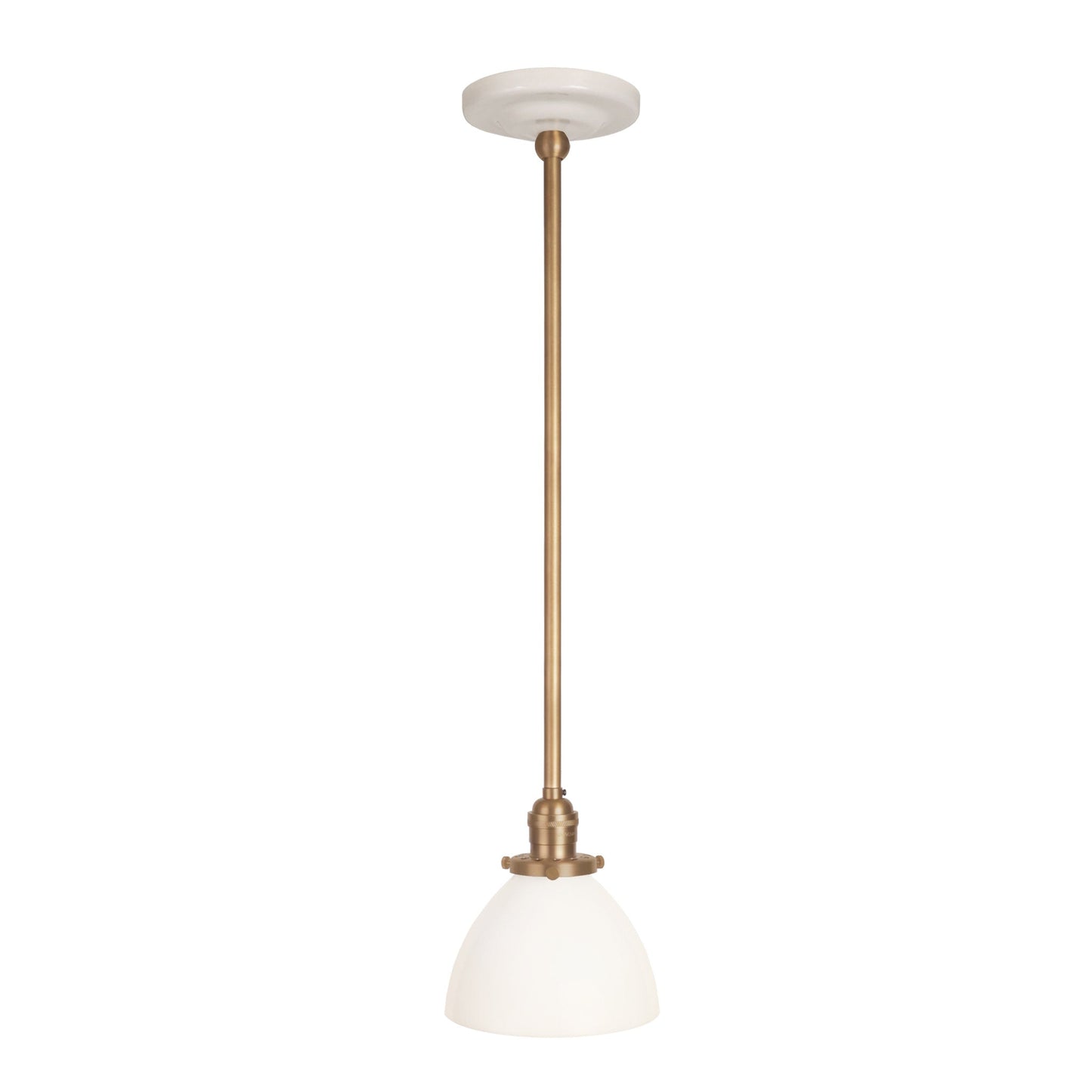 Grace Rod Pendant shown in Heirloom Brass with a Gloss White Ceramic canopy