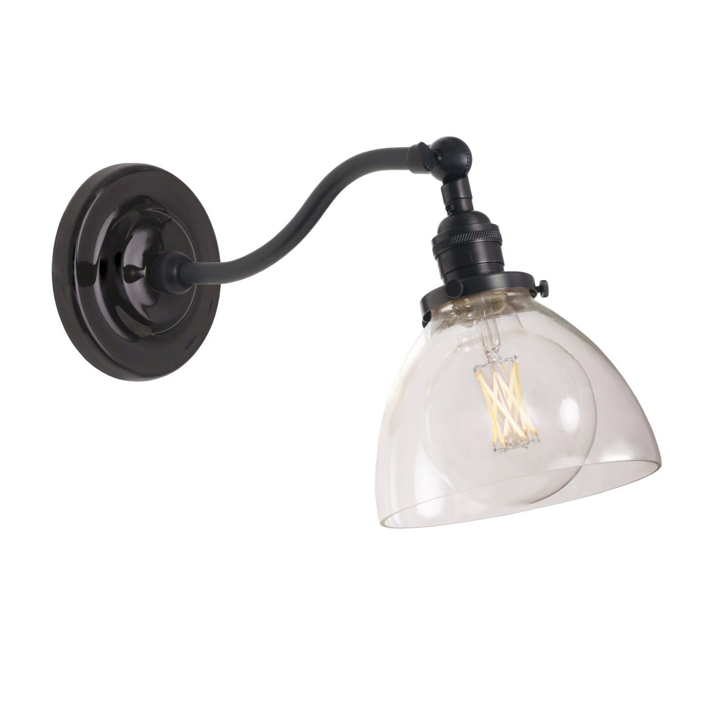 Grace Sconce shown in Graphite Patina with a Gloss Black Ceramic canopy and Clear Glass shade