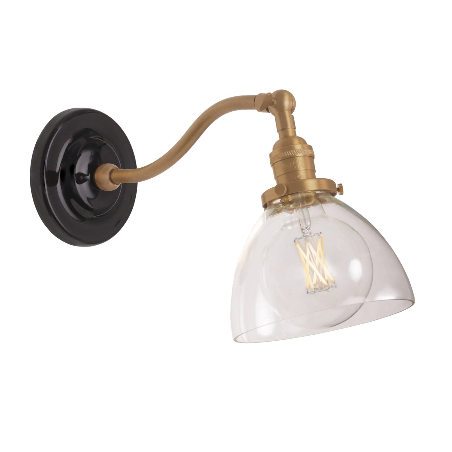 Grace Sconce shown in Heirloom Brass with a Gloss Black Ceramic canopy and Clear Glass shade