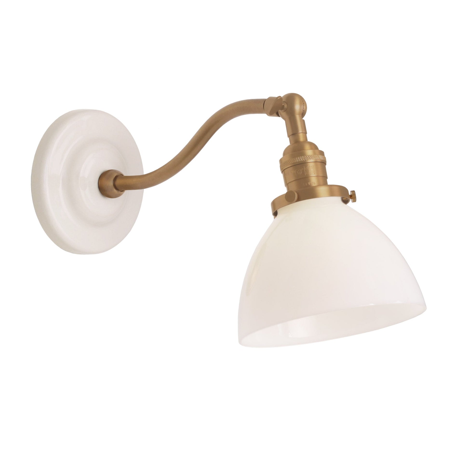 Grace Sconce shown in Heirloom Brass with a Gloss White Ceramic canopy and Opal Glass shade
