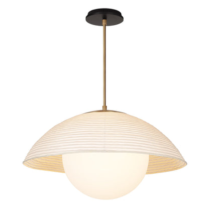 Maru Pendant with a Natural shade shown in Heirloom Brass with a Black Stained Wood canopy
