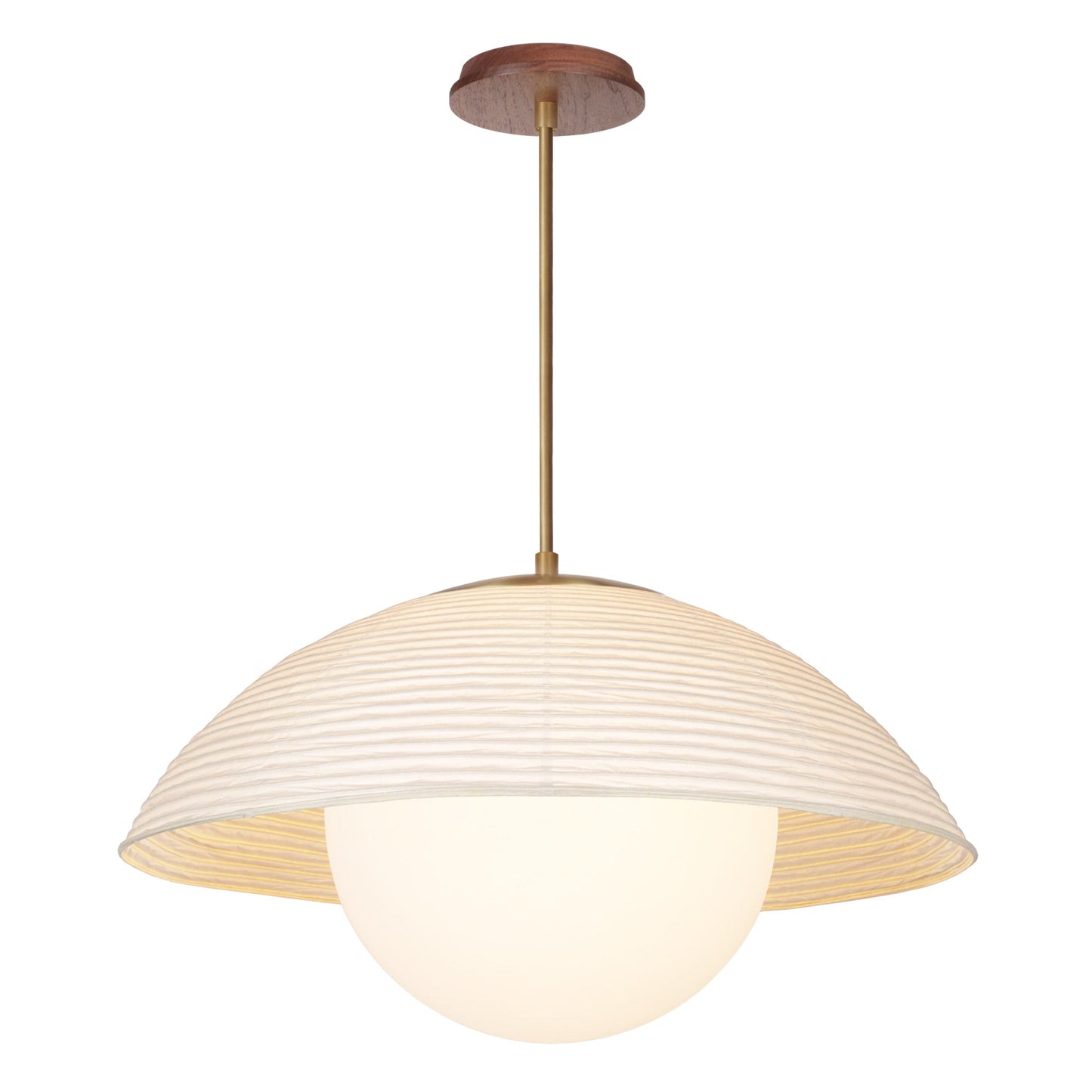 Maru Pendant with a Natural shade shown in Heirloom Brass with a Walnut Wood canopy
