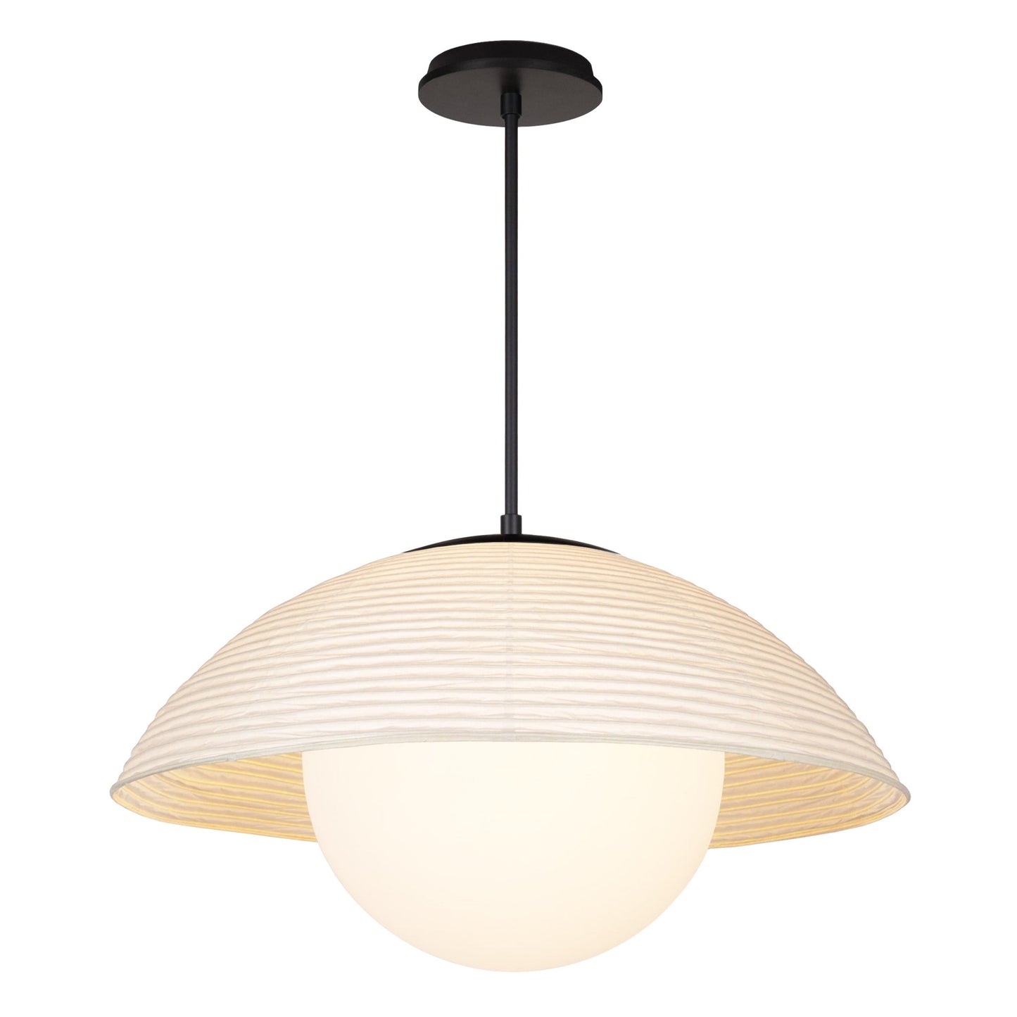 Maru Pendant with a Natural shade shown in Matte Black with a Black Stained Wood canopy