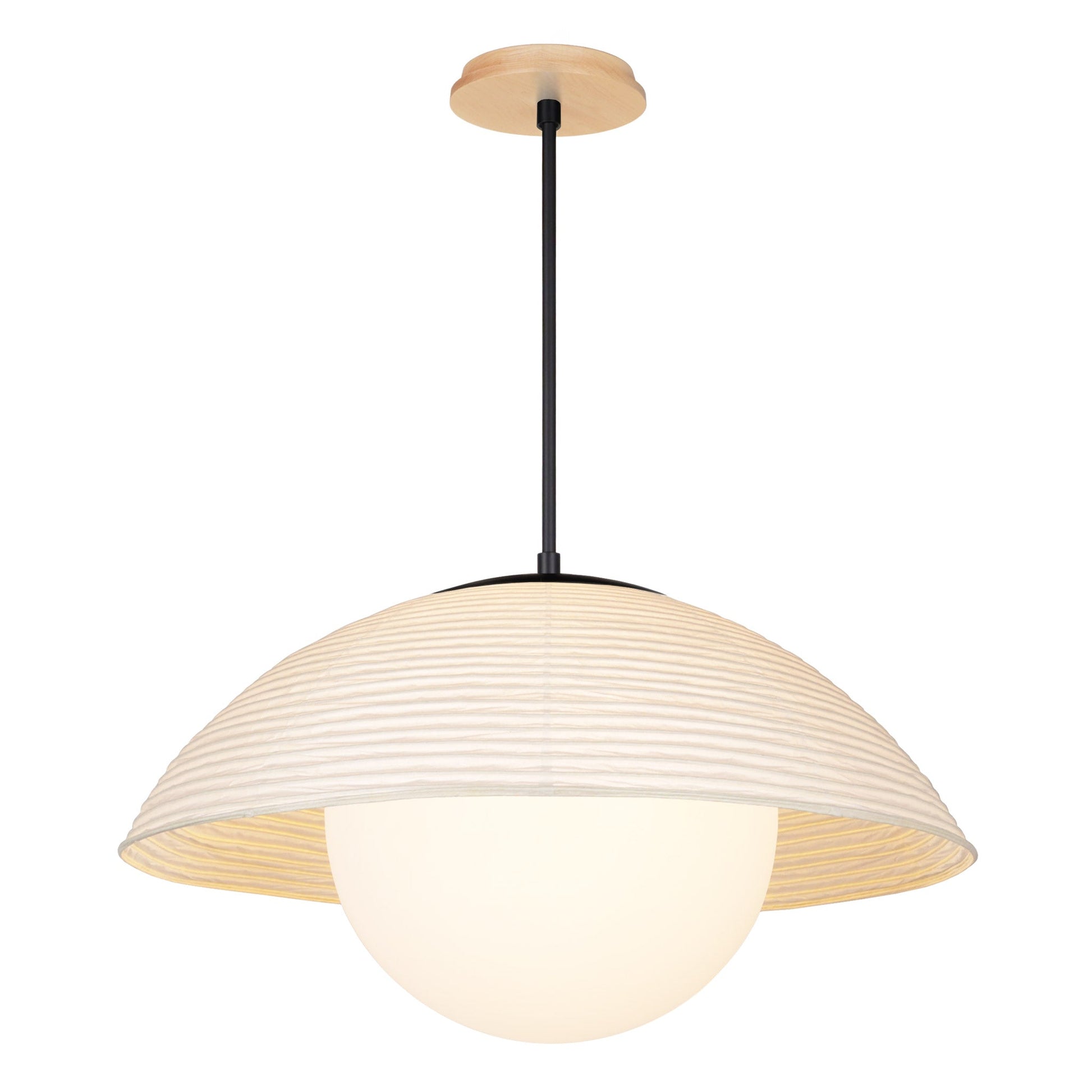 Maru Pendant with a Natural shade shown in Matte Black with a Maple Wood canopy