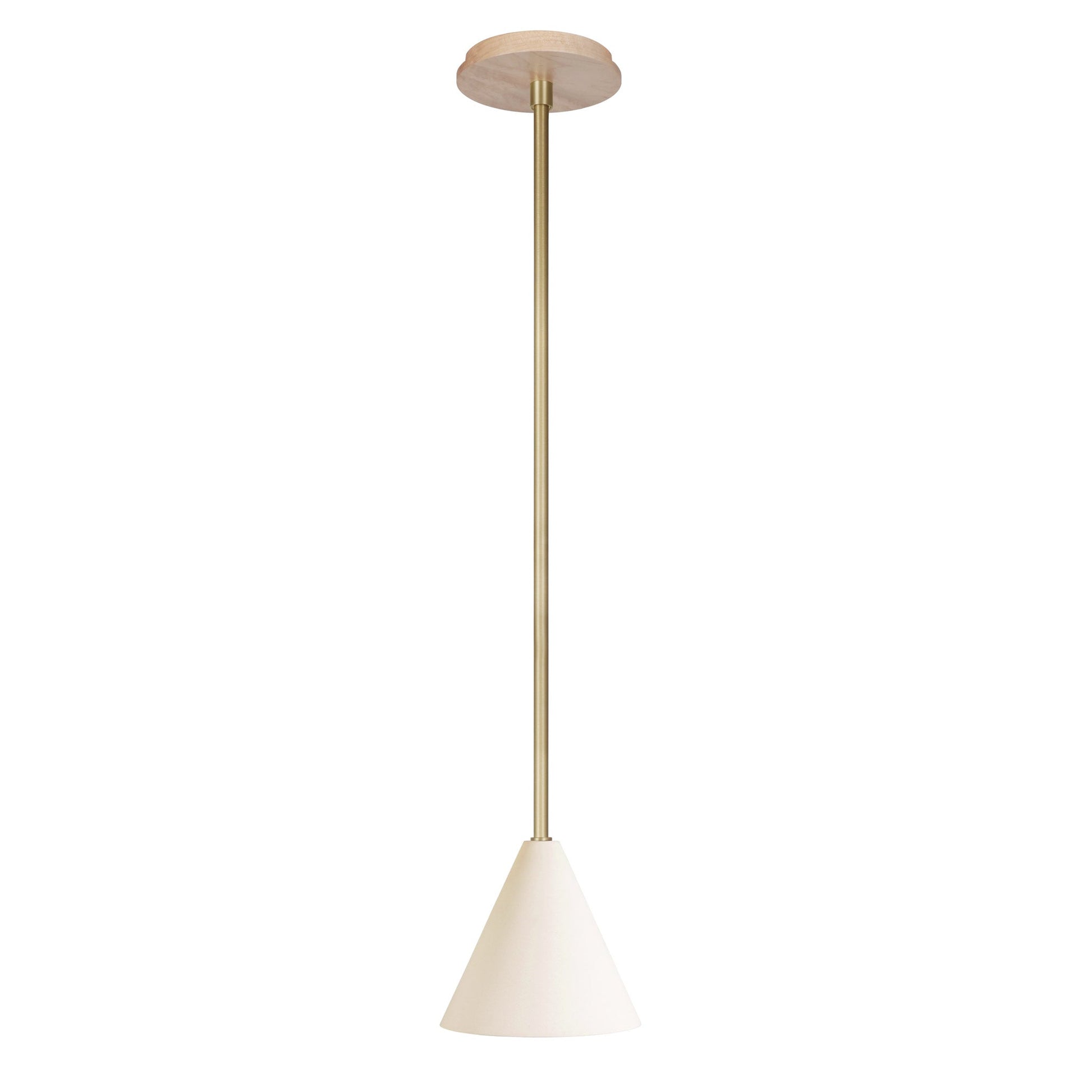 Petra Ceramic Pendant shown in Brass with a Maple Wood canopy