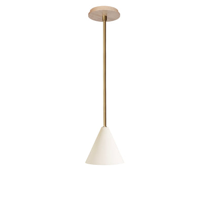 Petra Ceramic Pendant shown in Heirloom Brass and a Maple Wood canopy