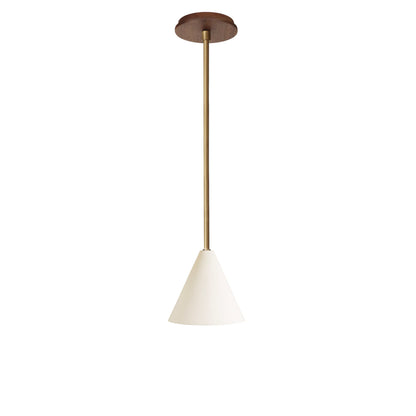 Petra Ceramic Pendant shown in Heirloom Brass and a Walnut Wood canopy