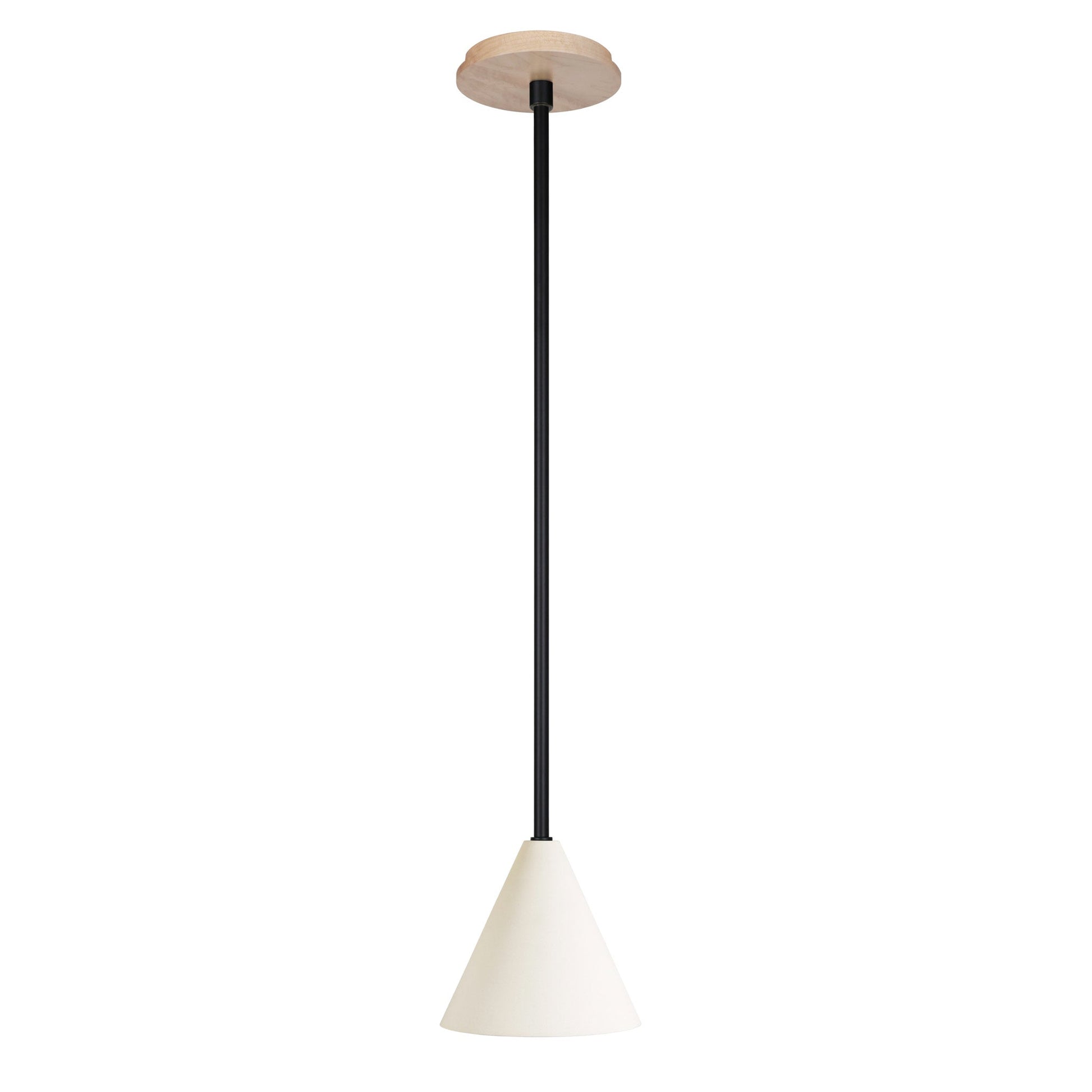 Petra Ceramic Pendant shown in Matte Black with a Maple Wood canopy