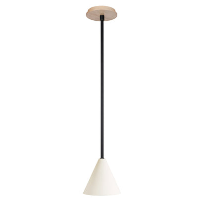 Petra Ceramic Pendant shown in Matte Black with a Maple Wood canopy
