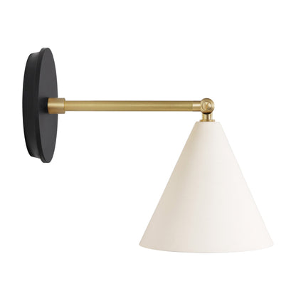 Petra Ceramic Sconce shown in Brass with a 6" rod and Blacked Stained Wood canopy