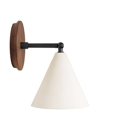 Petra Ceramic Sconce shown in Matte Black with a 3" rod and Walnut Wood canopy