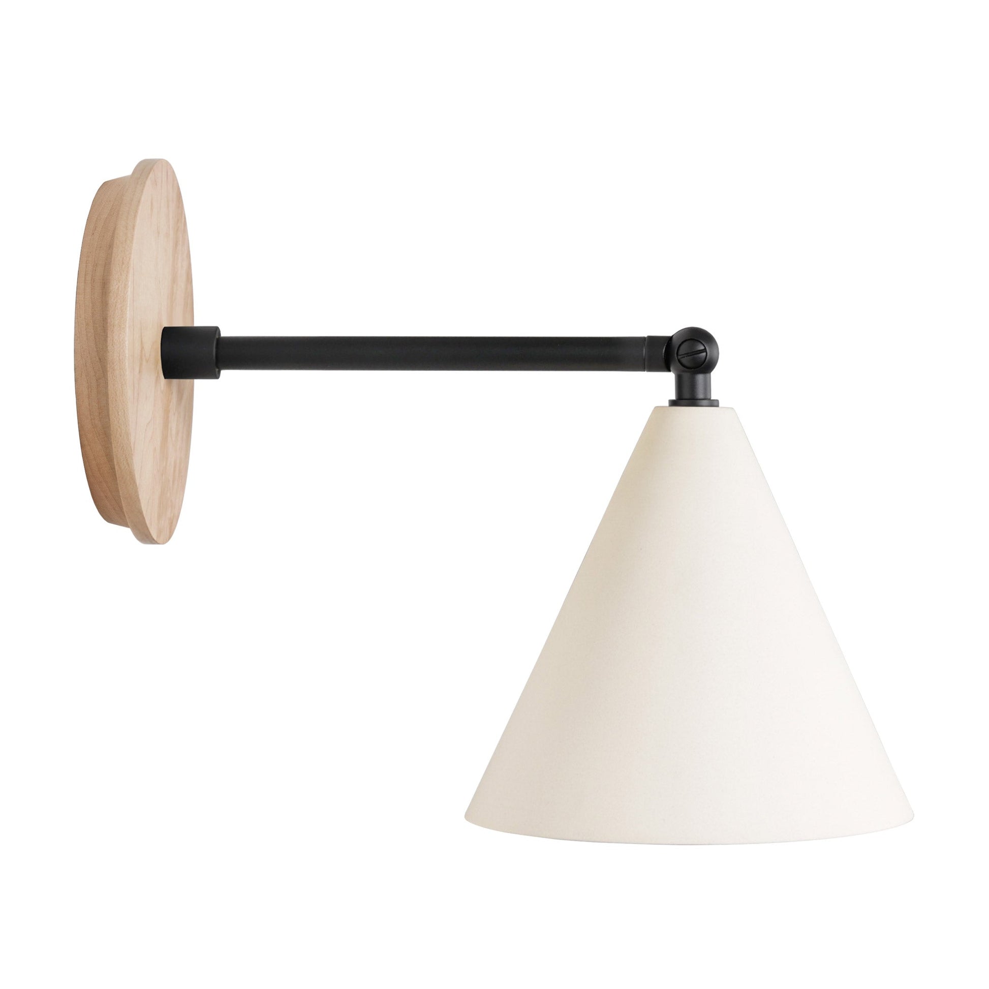 Petra Ceramic Sconce shown in Matte Black with a 6" rod and Maple Wood canopy