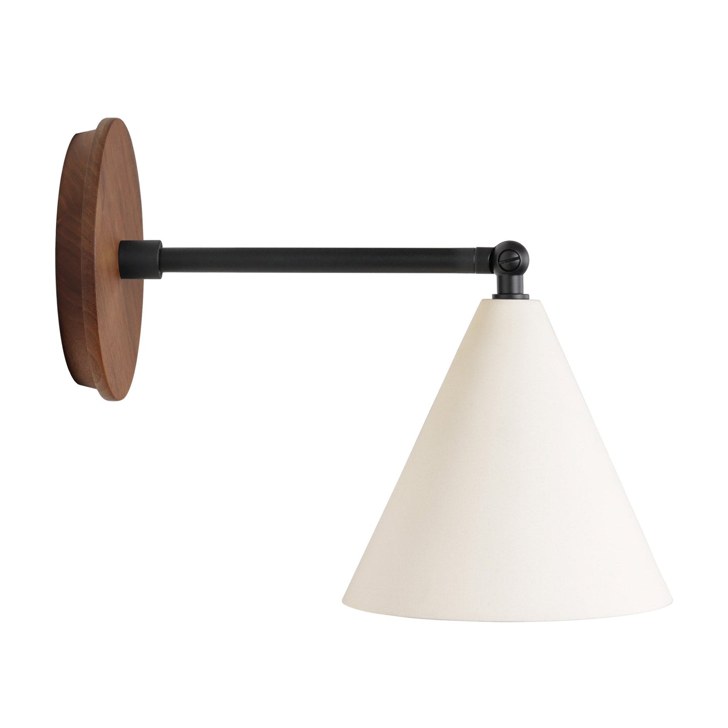 Petra Ceramic Sconce shown in Matte Black with a 6" rod and Walnut Wood canopy
